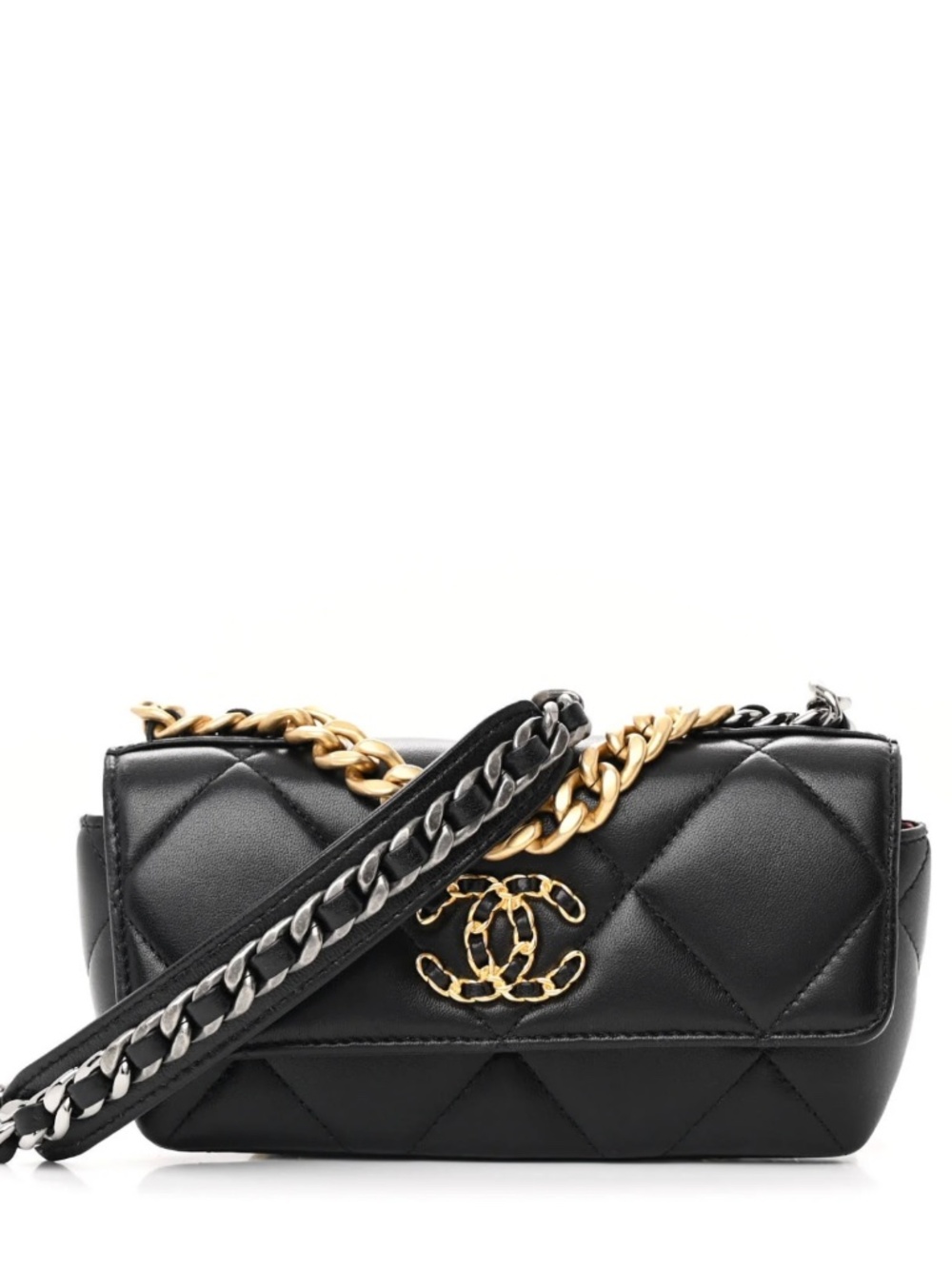 CHANEL Goatskin Quilted Chanel 19 Glasses Case With Chain Black